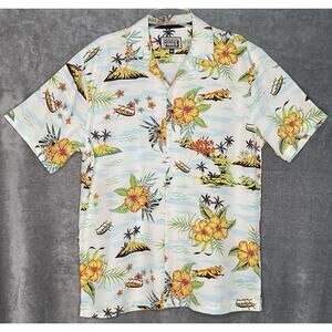 Good Vibes Mens Medium White Hawaiin Shirt Vacation Floral Volcano Hibiscus
